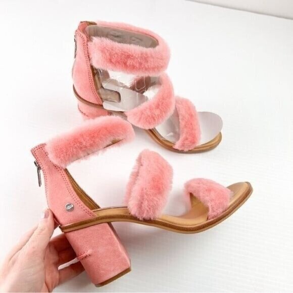 UGG sandals womens 6 Pink Del Rey Fluff Heel Open Toe Zip Closure - Picture 9 of 16